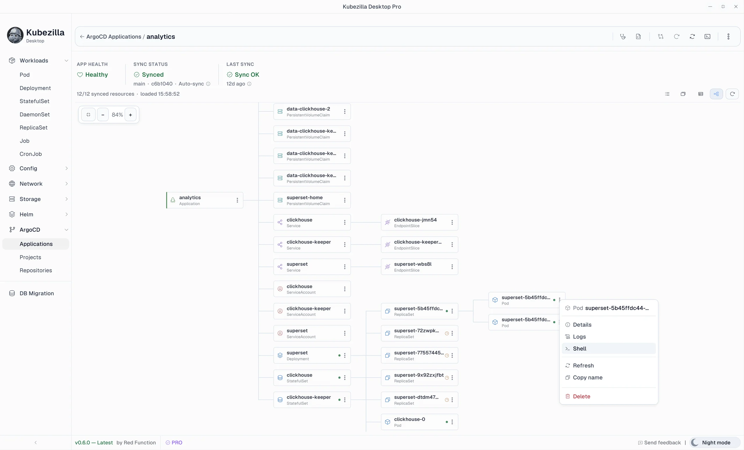 ArgoCD application resource tree with a Pod’s menu open (Details, Logs, Shell)